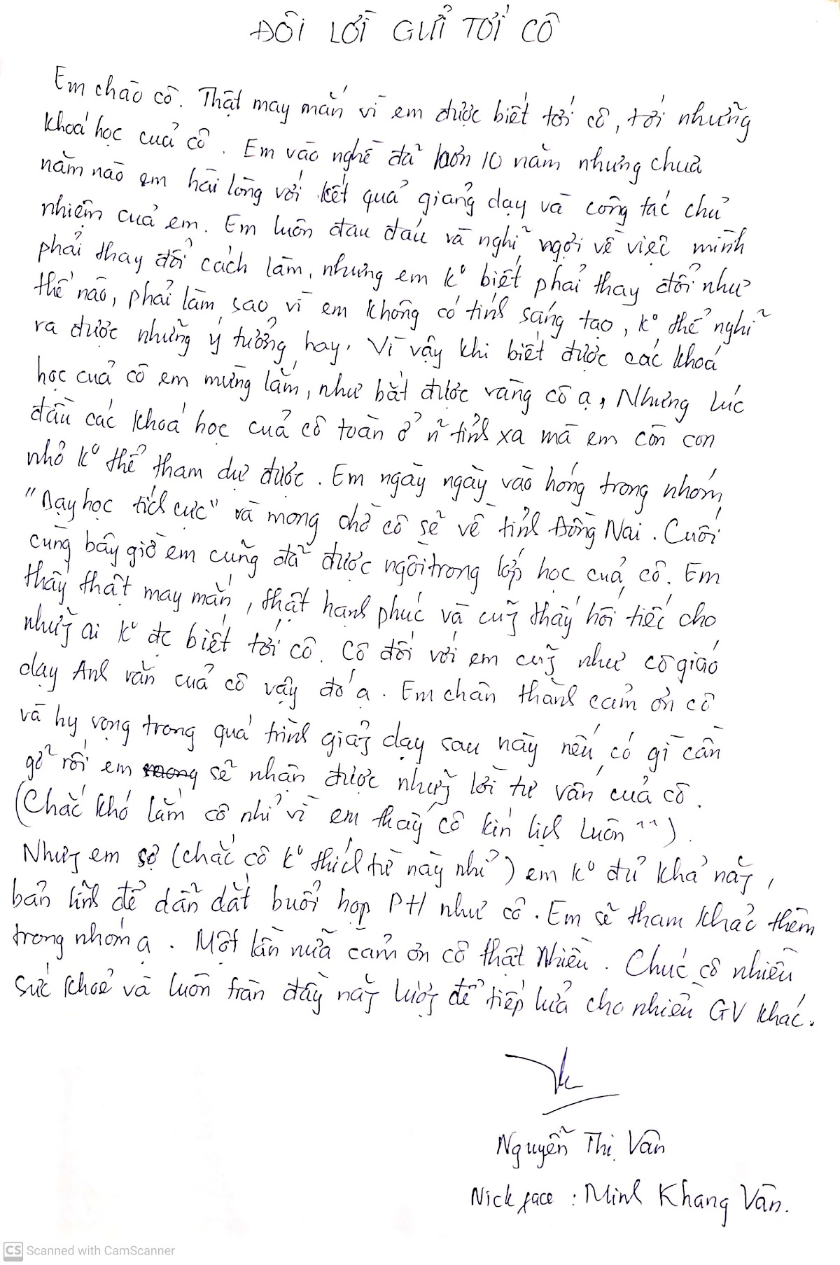 Thư cảm ơn viết tay từ học viên