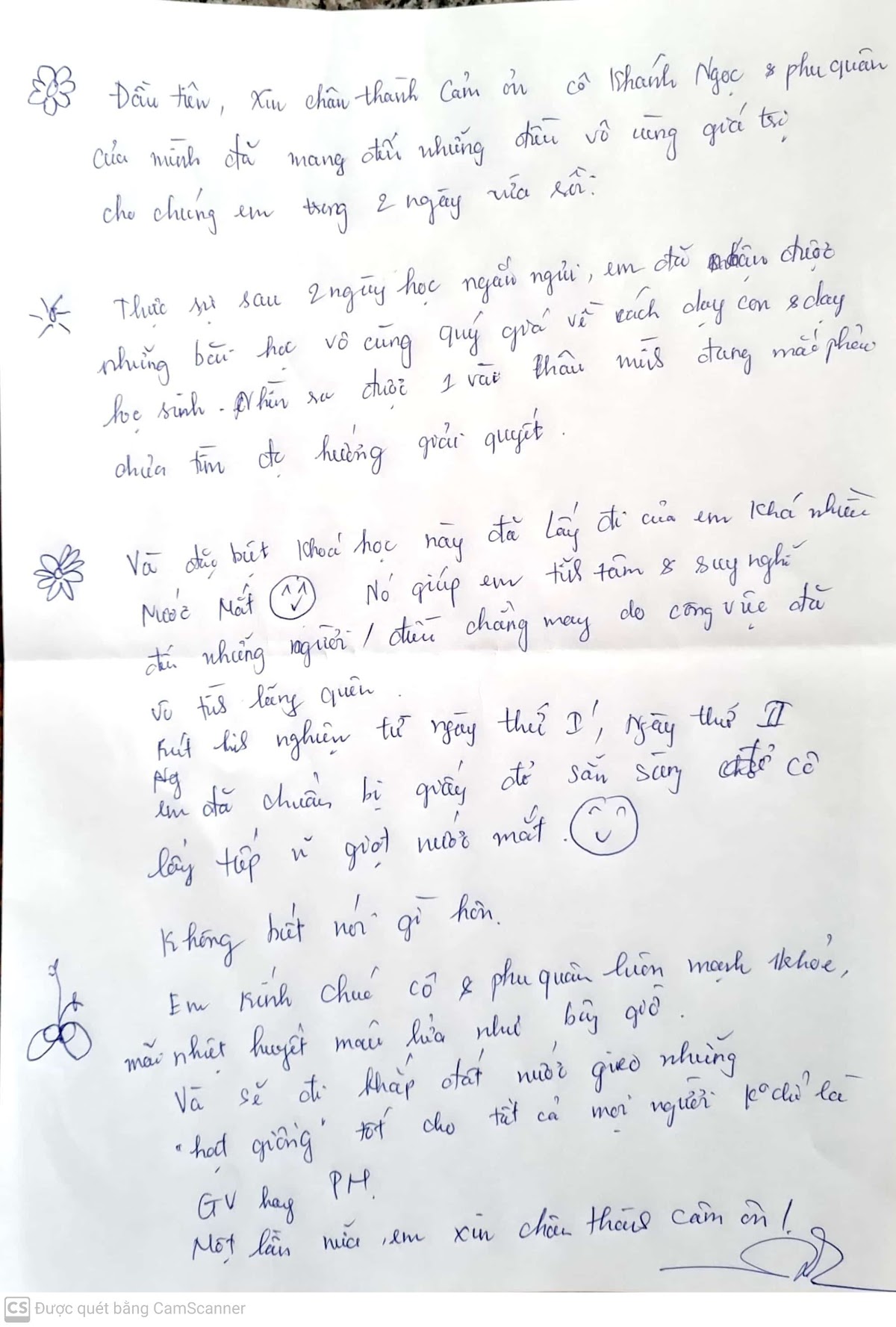 Thư cảm ơn viết tay từ học viên