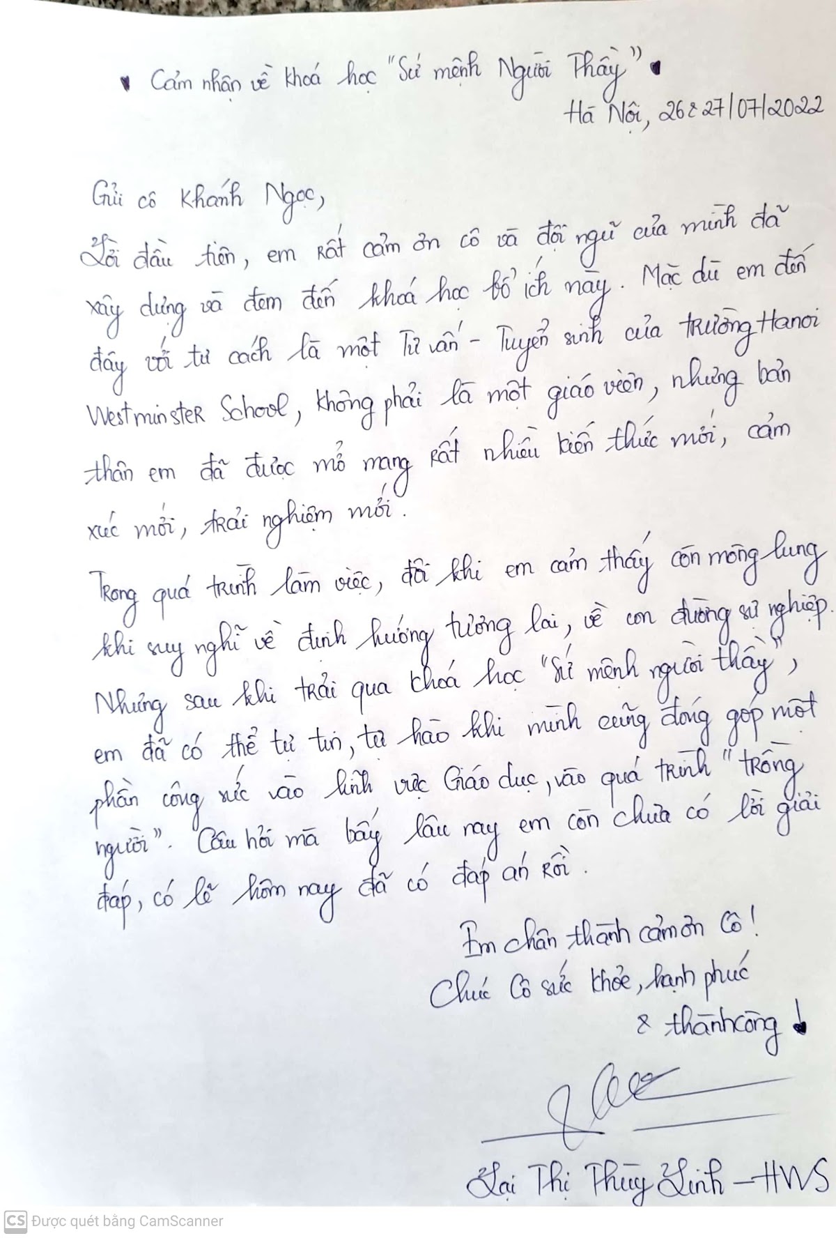 Thư cảm ơn viết tay từ học viên