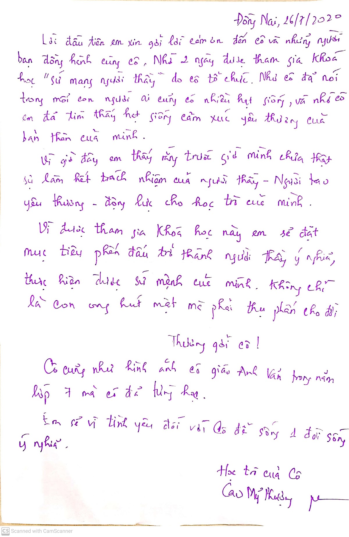 Thư cảm ơn viết tay từ học viên